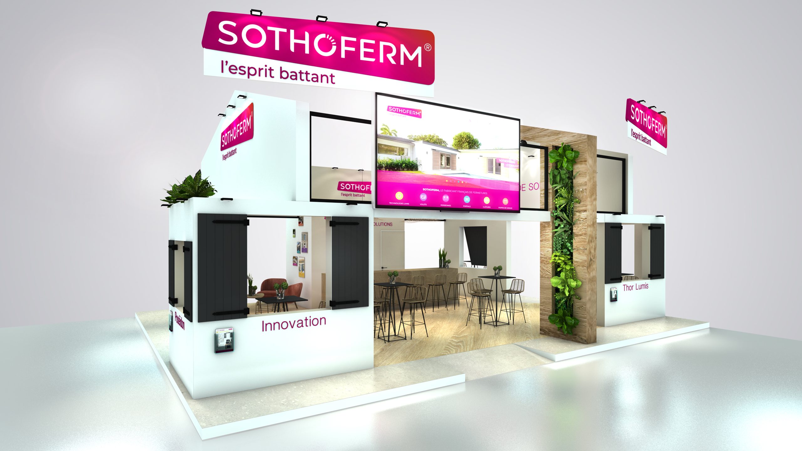 vue 3D du stand sothoferm pour le salon batimat à paris porte de versailles - vue du stand en entier - conception par audace standiste à paris