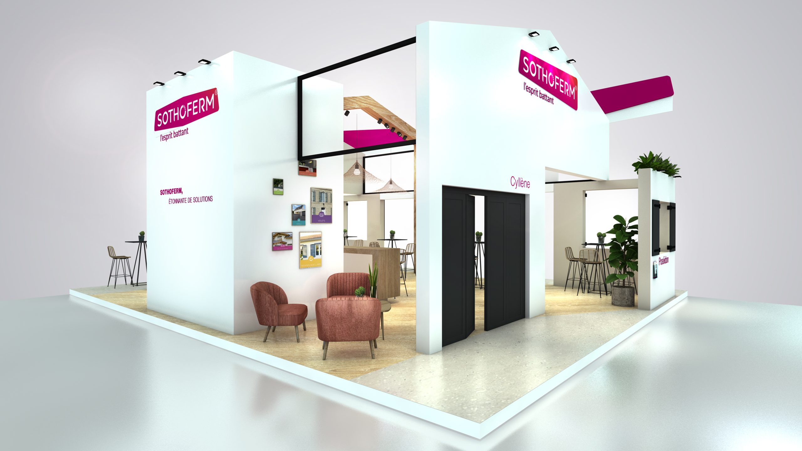 vue 3D du stand sothoferm pour le salon batimat à paris porte de versailles - vue du stand en entier - conception par audace standiste à paris