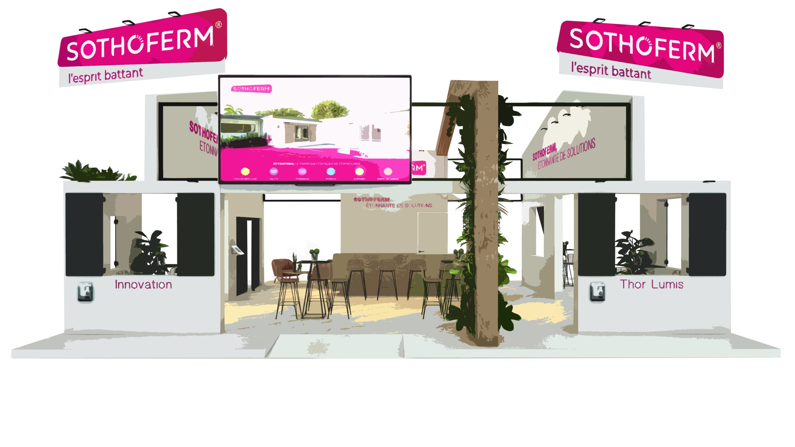 dessin du stand sothoferm pour le salon batimat à paris porte de versailles - vue du stand en entier - conception par audace standiste à paris