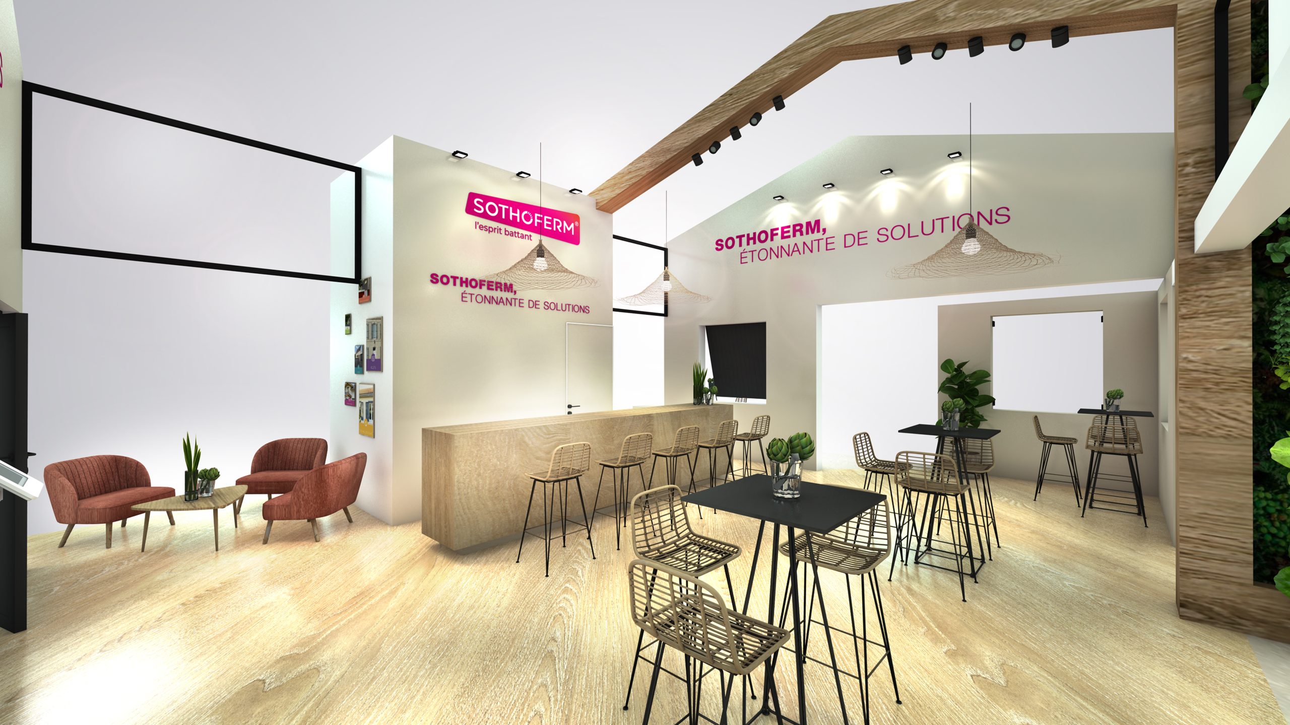 vue 3D du stand sothoferm pour le salon batimat à paris porte de versailles - vue de l'intérieur du stand en entier - conception par audace standiste à paris
