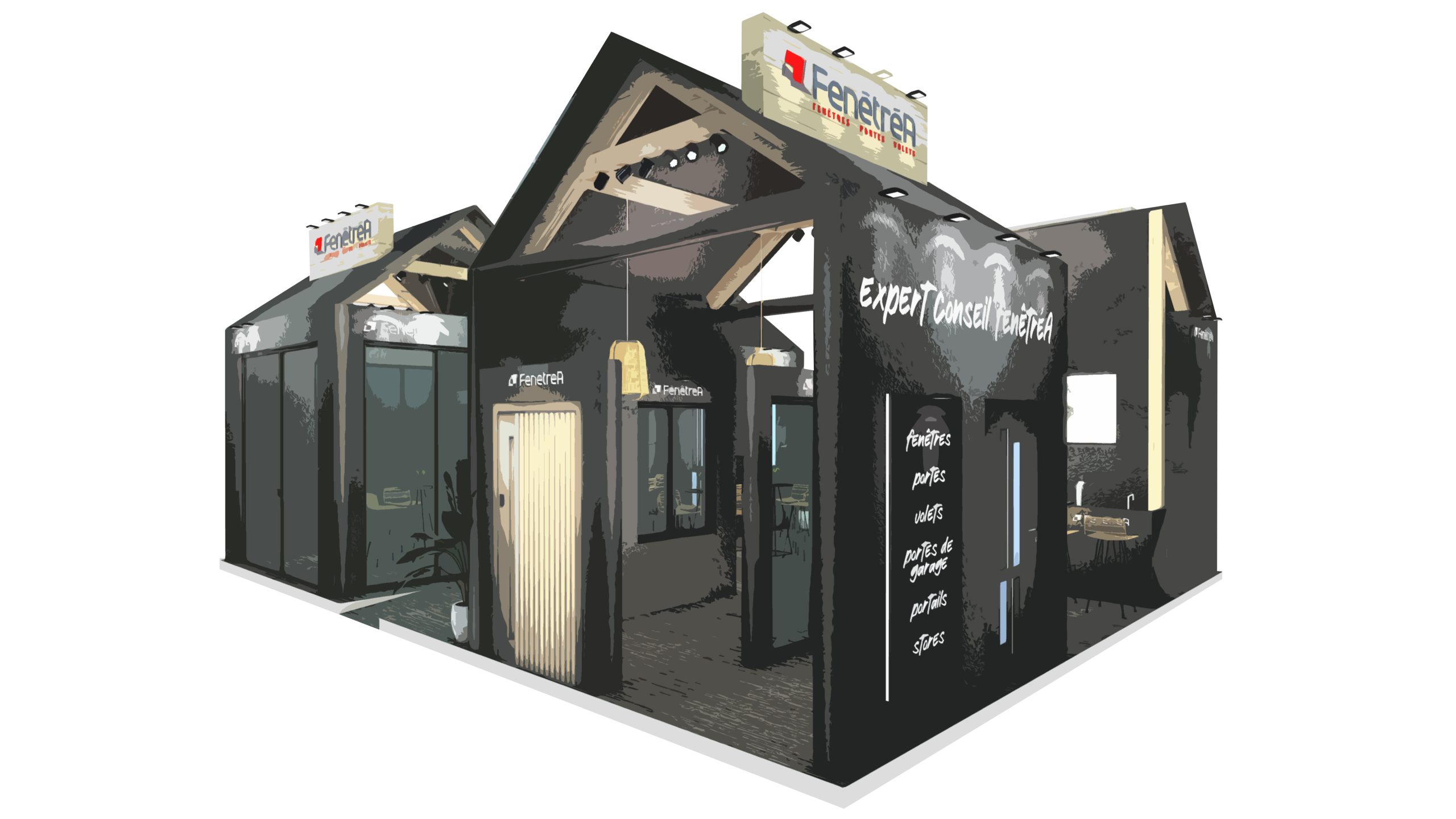 dessin du stand fenetrea pour le salon batimat à paris porte de versailles - vue du stand en entier - conception par audace standiste à paris