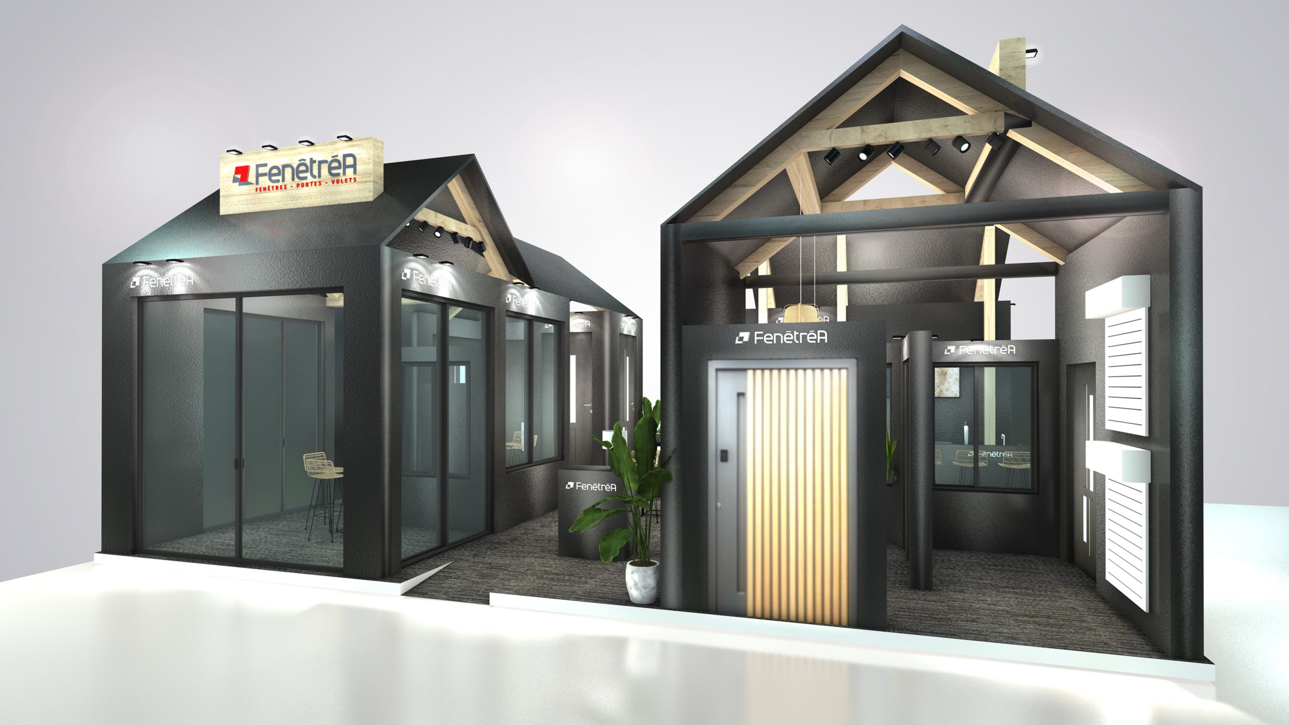 vue 3D du stand fenetrea pour le salon batimat à paris porte de versailles - vue du stand en entier - conception par audace standiste à paris
