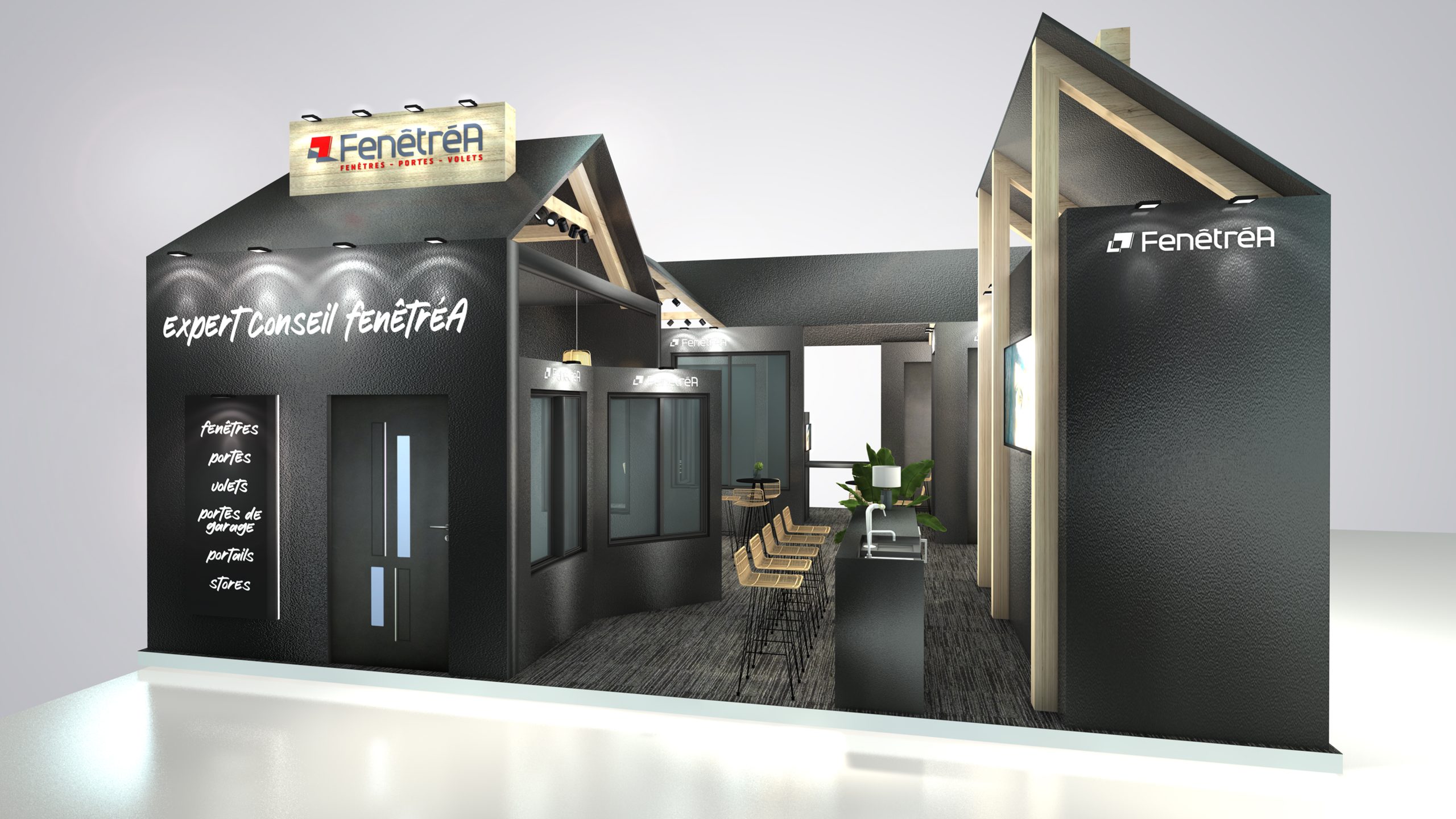 vue 3D du stand fenetrea pour le salon batimat à paris porte de versailles - vue du stand en entier - conception par audace standiste à paris