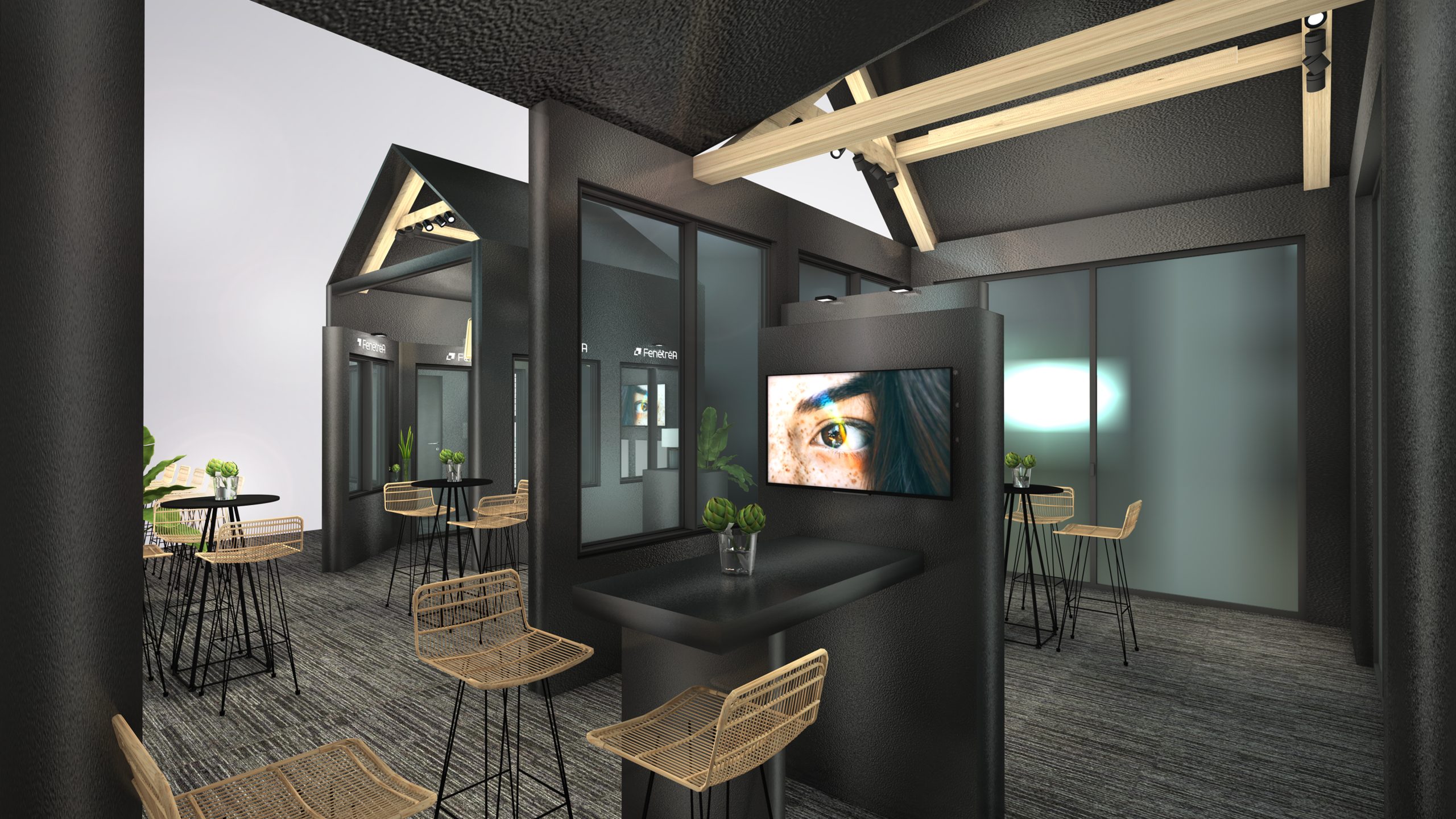 vue 3D du stand fenetrea pour le salon batimat à paris porte de versailles - zoom sur l'espace discussion - conception par audace standiste à paris