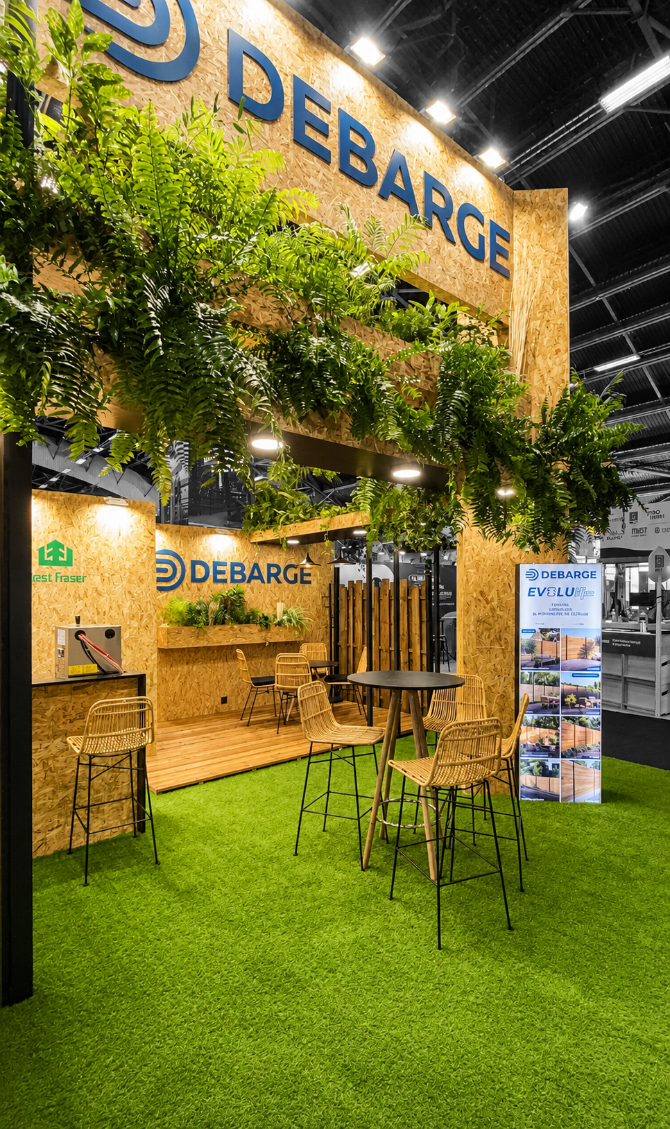 photo du stand sur-mesure debarge sur le cib - espace réunion avec table et chaises hautes - réalisation par audace standiste à nantes et paris