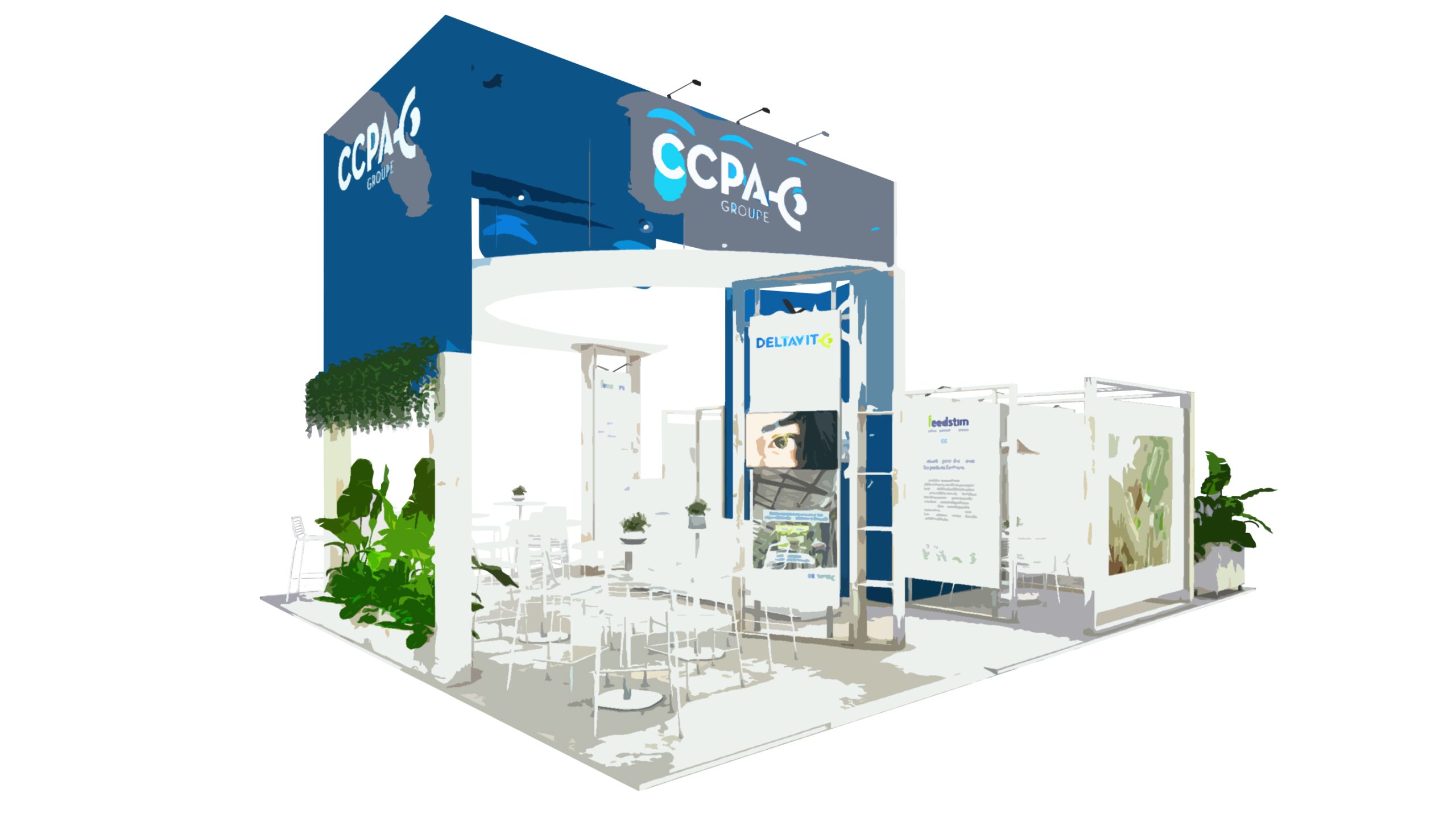 vue 3D du stand modulable CCPA pour le space à Rennes - vue d'ensemble du stand avec effet dessin - conception par audace standiste à nantes et rennes