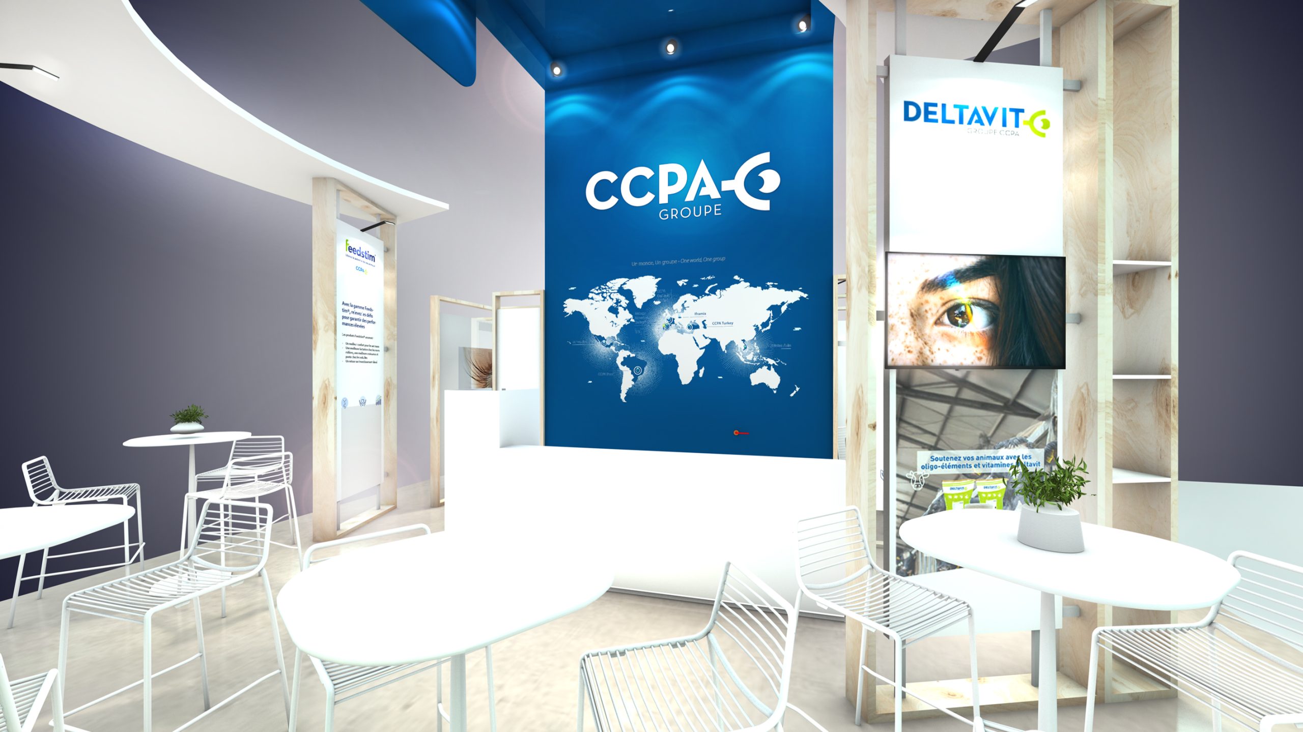 vue 3D du stand modulable CCPA pour le space à Rennes - espace réunion avec chaises et tables pour échanges professionnels - conception par audace standiste à nantes et rennes