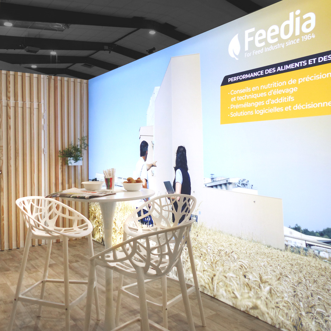 photo zoomée sur un visuel tissu diffusant du stand modulable techna sur le space à rennes. Réalisation par audace, standiste à nantes et rennes