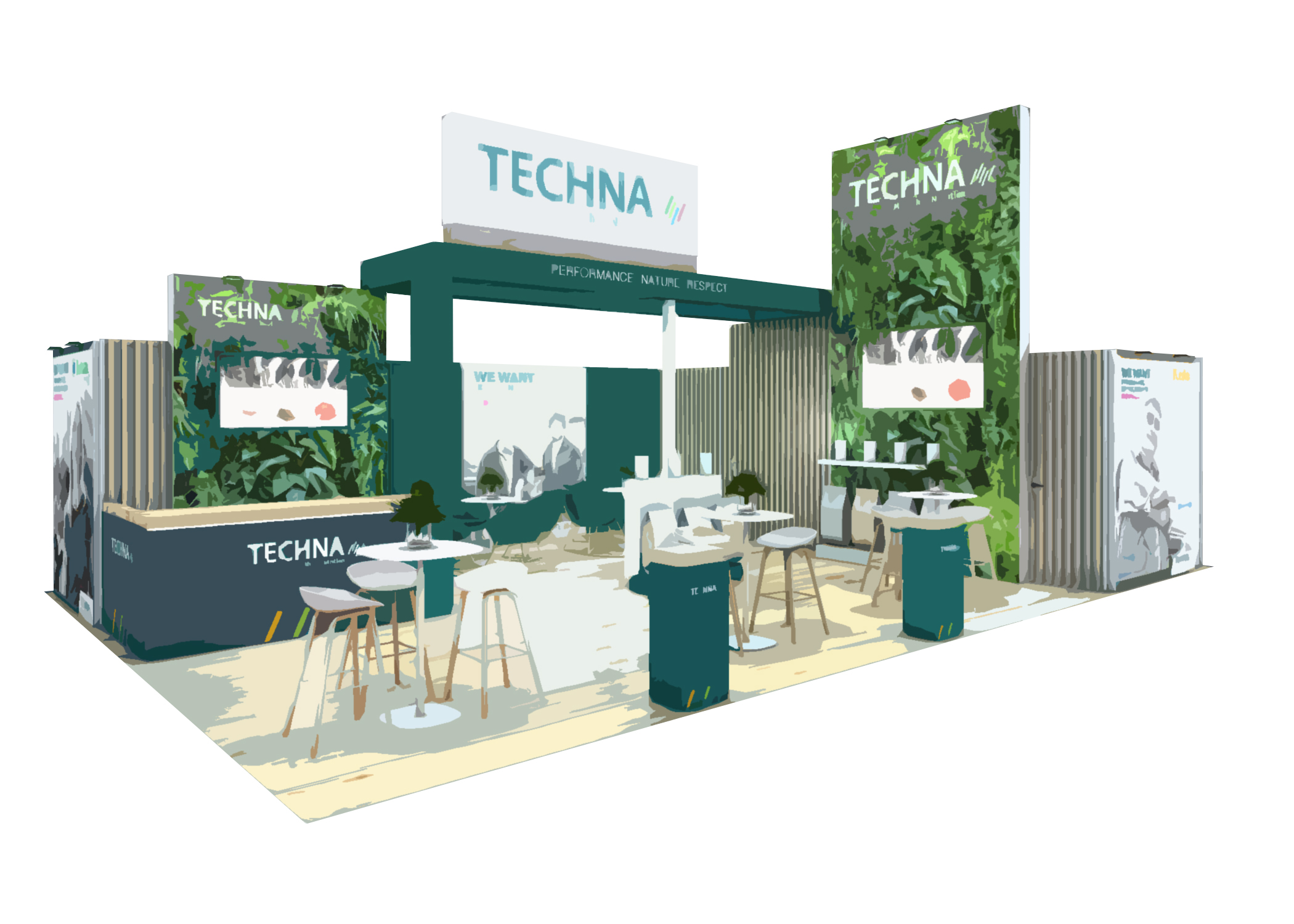 Vue 3D avec effet dessin du stand techna pour le space à rennes. Conception du stand modulable par audace, standiste à nantes et rennes