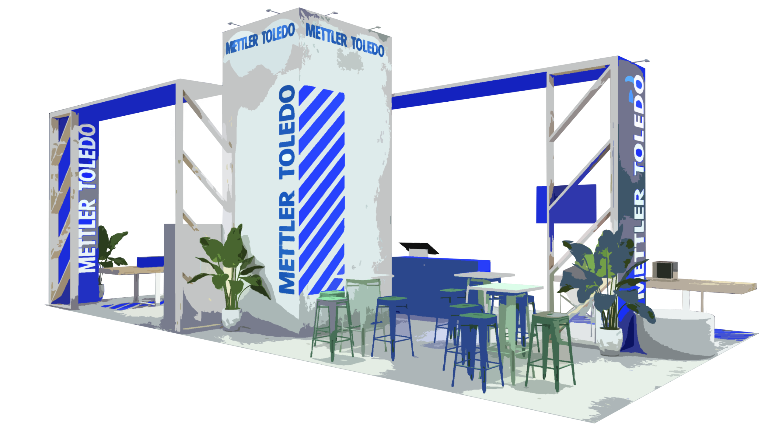 vue 3D du stand mettler toledo pour le salon cfia à rennes, la vue est sous format dessin et les détails ne sont pas nets - conception par audace standiste à rennes