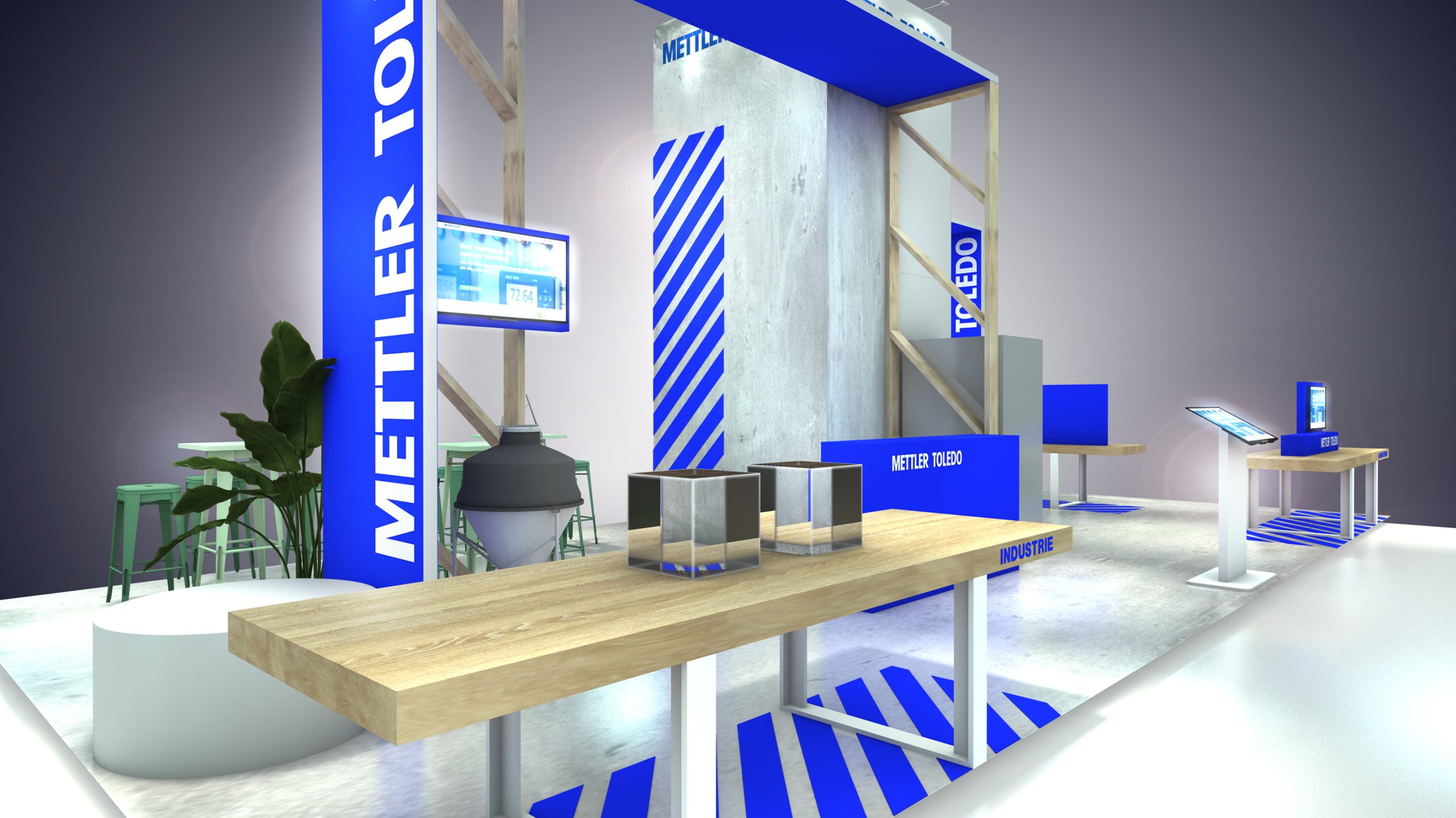 vue 3D du stand mettler toledo pour le salon cfia à Rennes - la vue est zoomée sur un espace de démonstration produits - conception par audace standiste à rennes