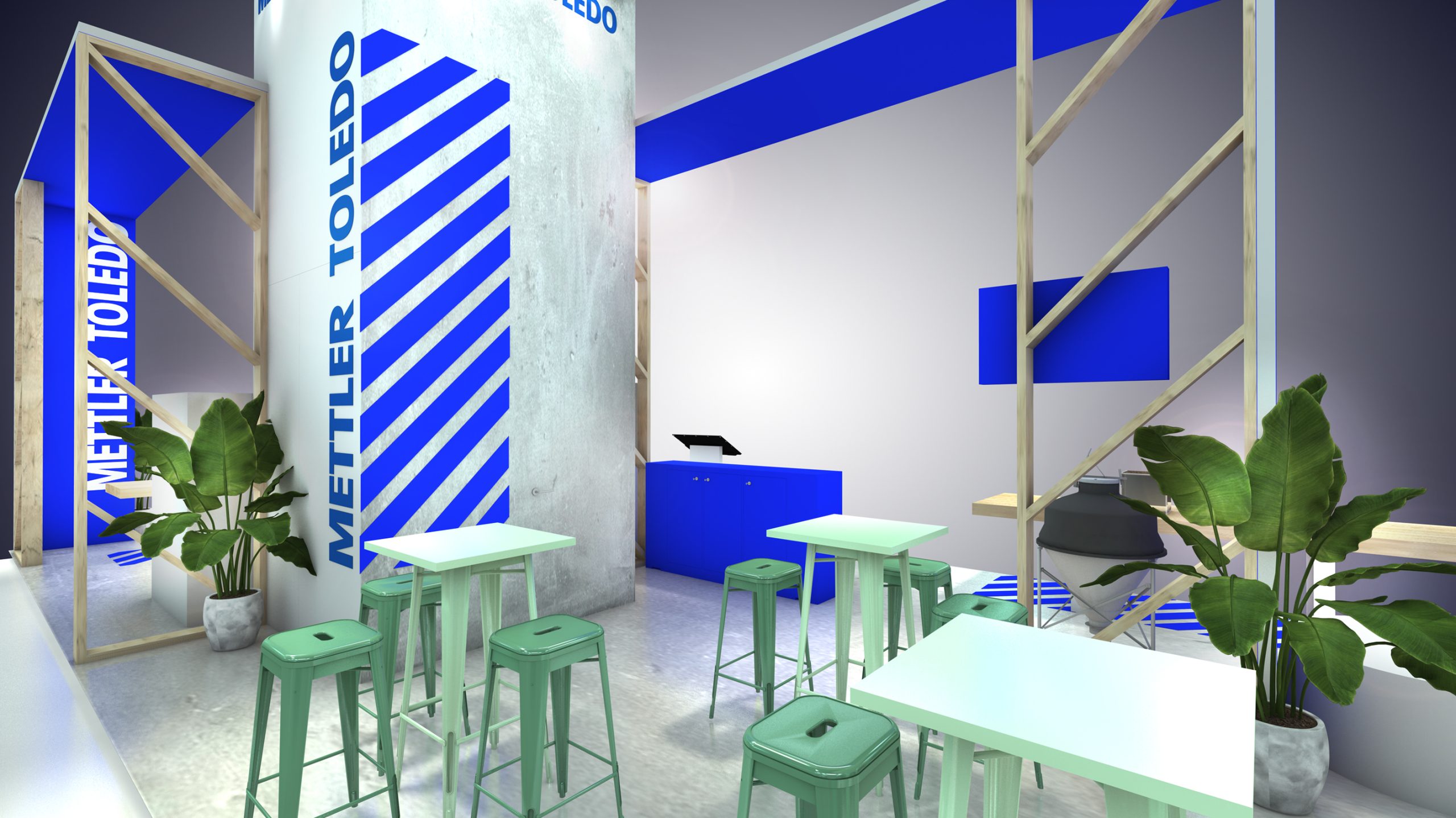 vue 3D du stand mettler toledo pour le salon cfia à rennes - la vue 3D est zoomée sur un espace de discussion haut avec tabourets et tables hautes - conception par audace standiste à rennes
