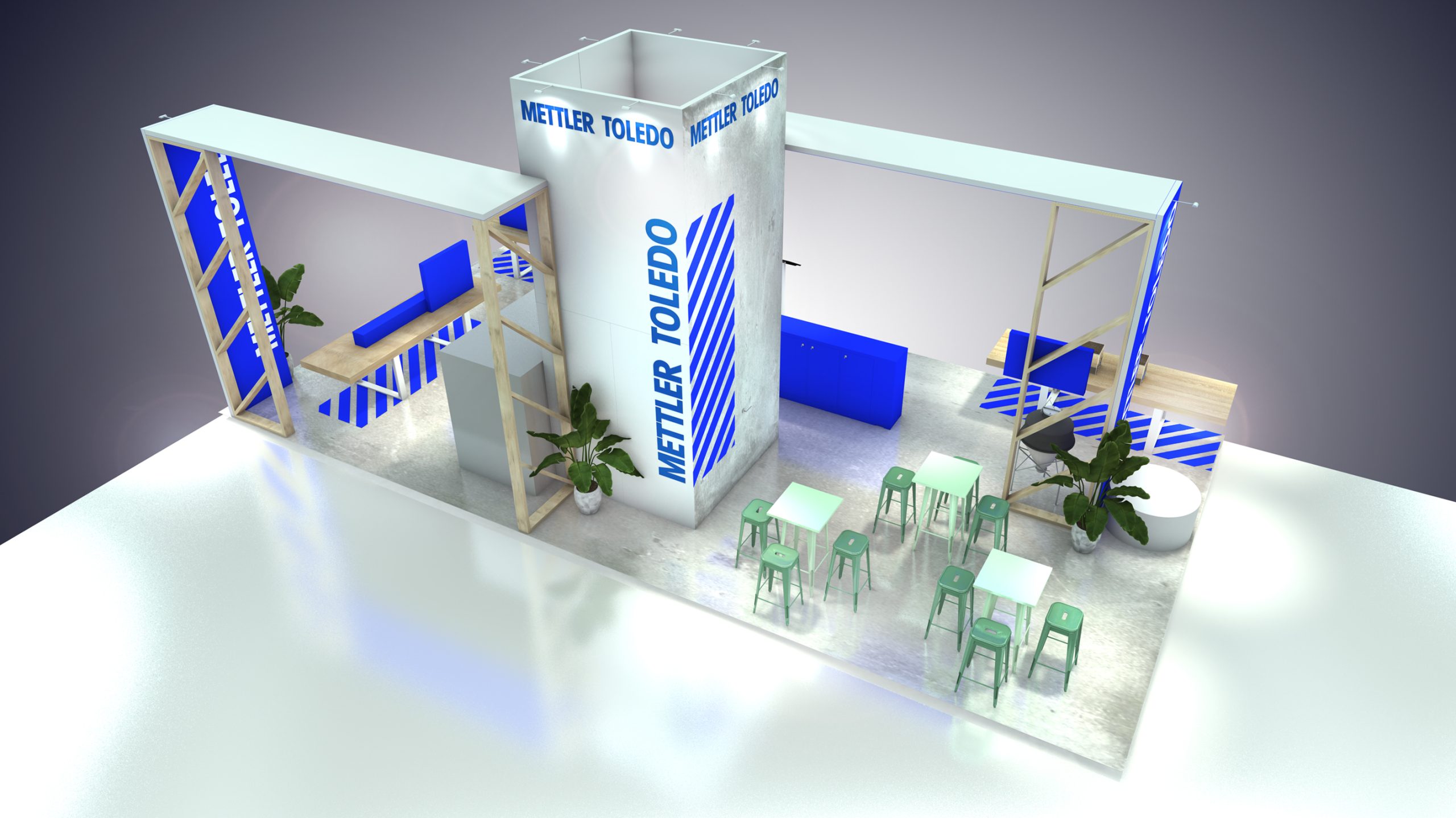 vue 3D du stand mettler toledo pour le salon cfia à rennes - vue du dessus du stand, on voit les différents espaces : espace discussion, deux espaces de démonstration produits, un espace accueil et une réserve qui sert de point central. Il y a deux grandes arches qui traverse le stand de part et d'autre - conception par audace standiste à rennes