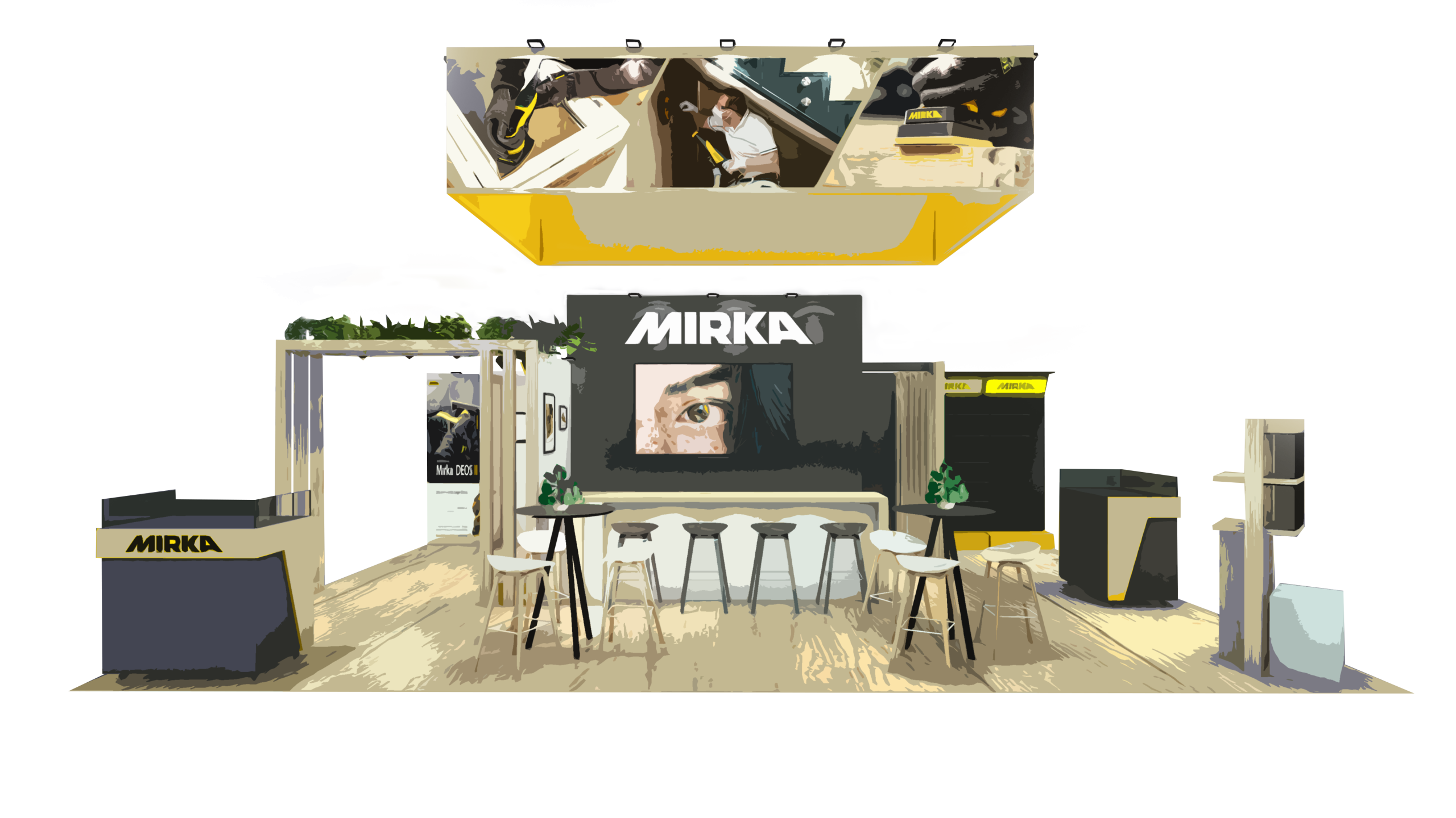 aspect dessin du stand mirka pour le salon batimat à paris porte de versailles - vue du stand en entier - conception par audace standiste à paris