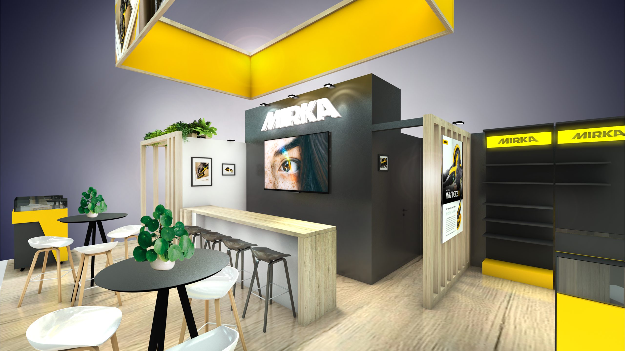 vue 3D du stand mirka pour le salon batimat à paris porte de versailles - zoom sur le bar - conception par audace standiste à paris