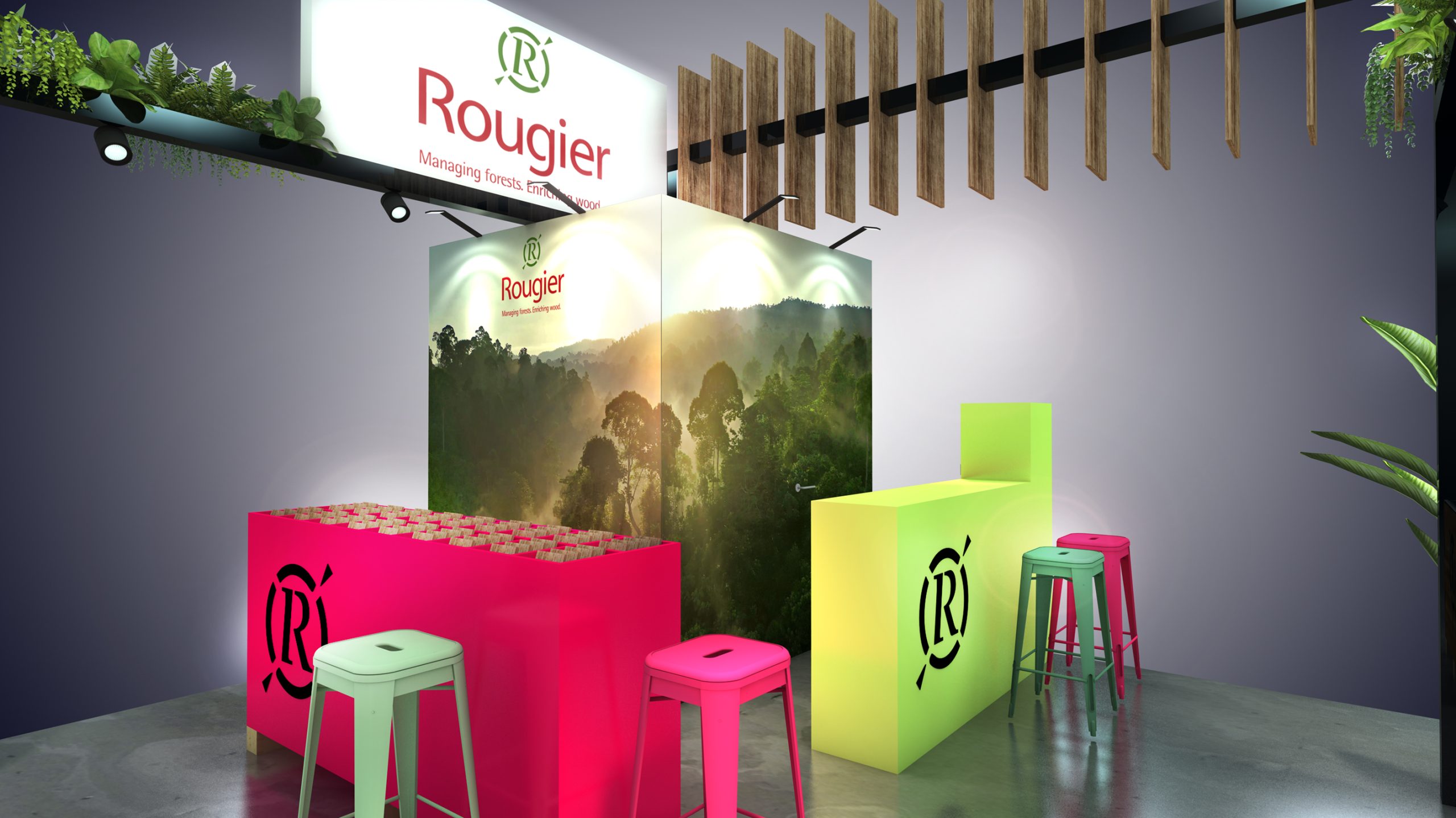 vue 3D du stand vision rougier pour le salon carrefour du bois cib à nantes parc des expositions - zoom sur espace bar avec réserve derrière - conception par audace standiste à nantes