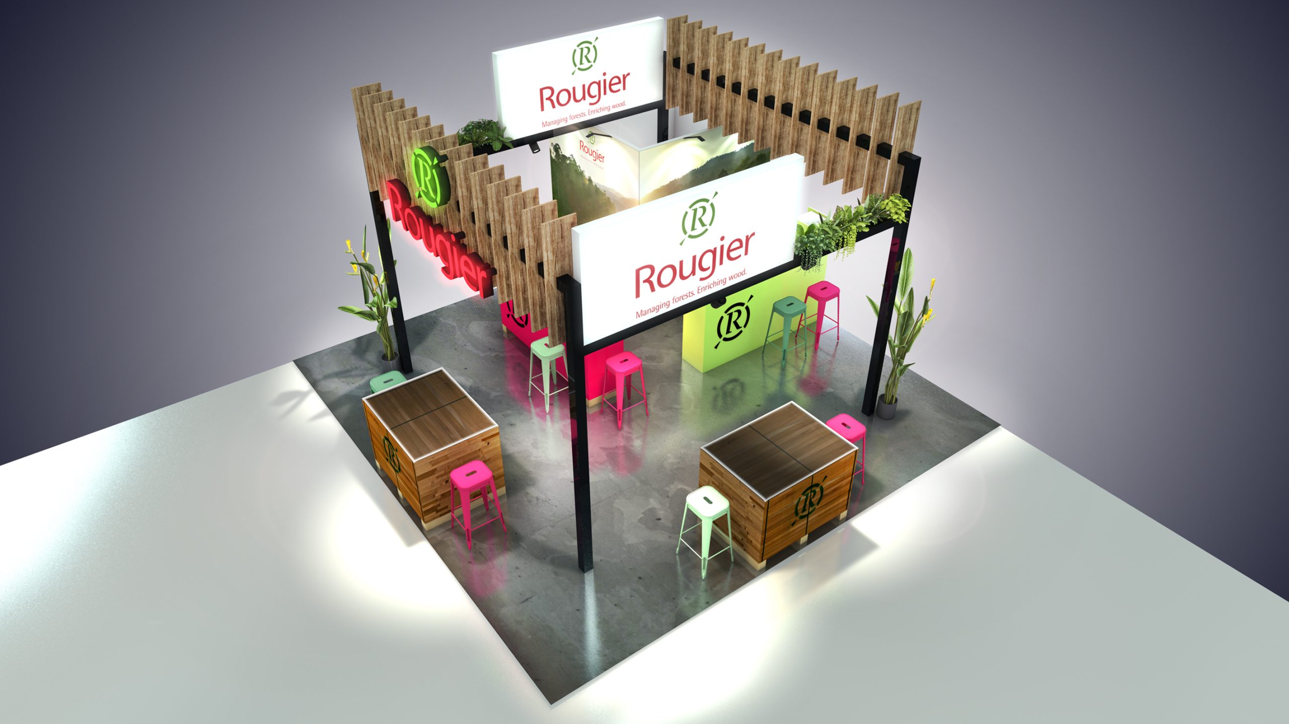 vue 3D du stand vision rougier pour le salon carrefour du bois cib à nantes parc des expositions - vue du dessus - conception par audace standiste à nantes