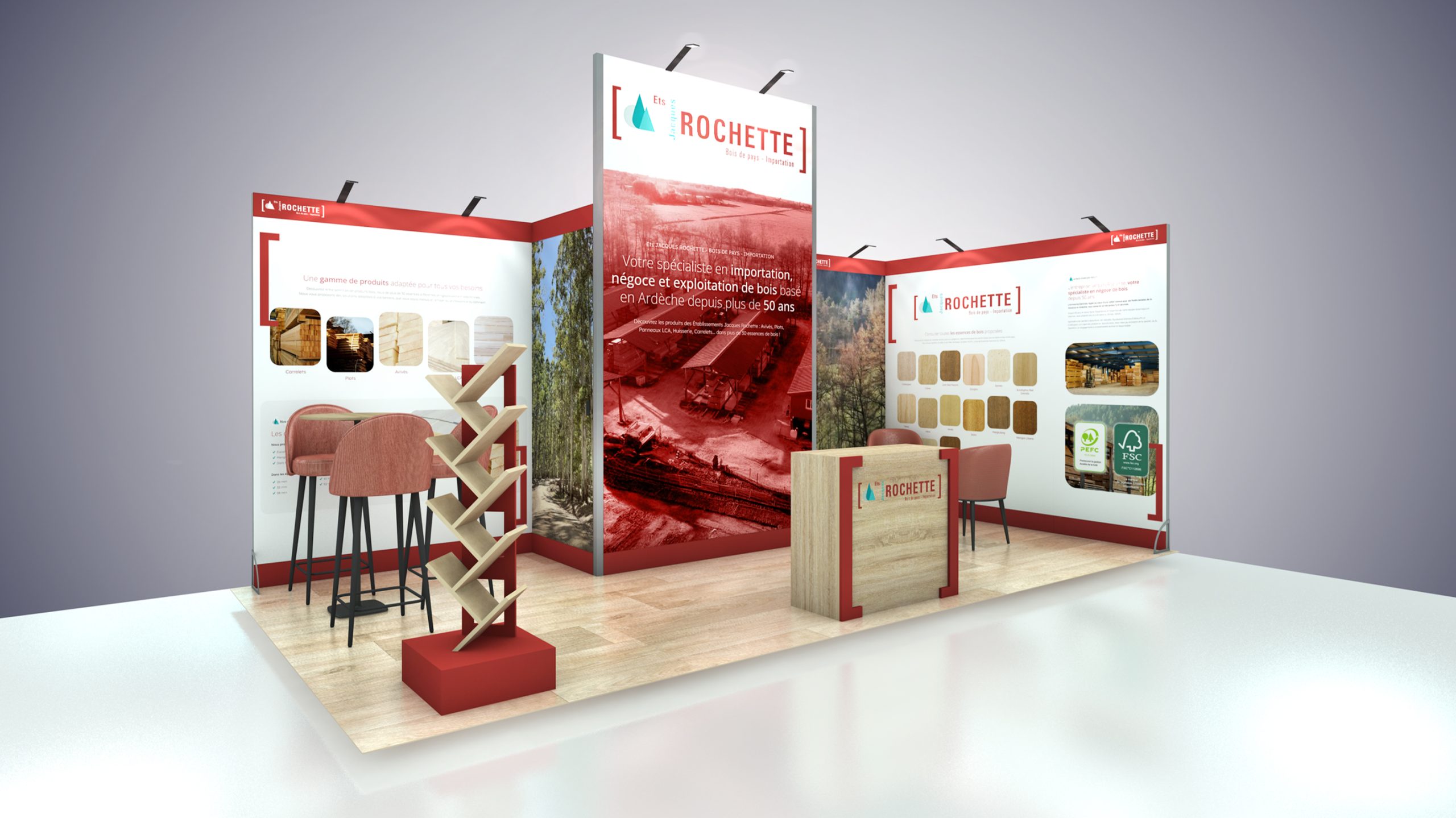 vue 3D du stand vision jacques rochette pour le salon carrefour du bois cib à nantes parc des expositions -vue sur le côté - conception par audace standiste à nantes