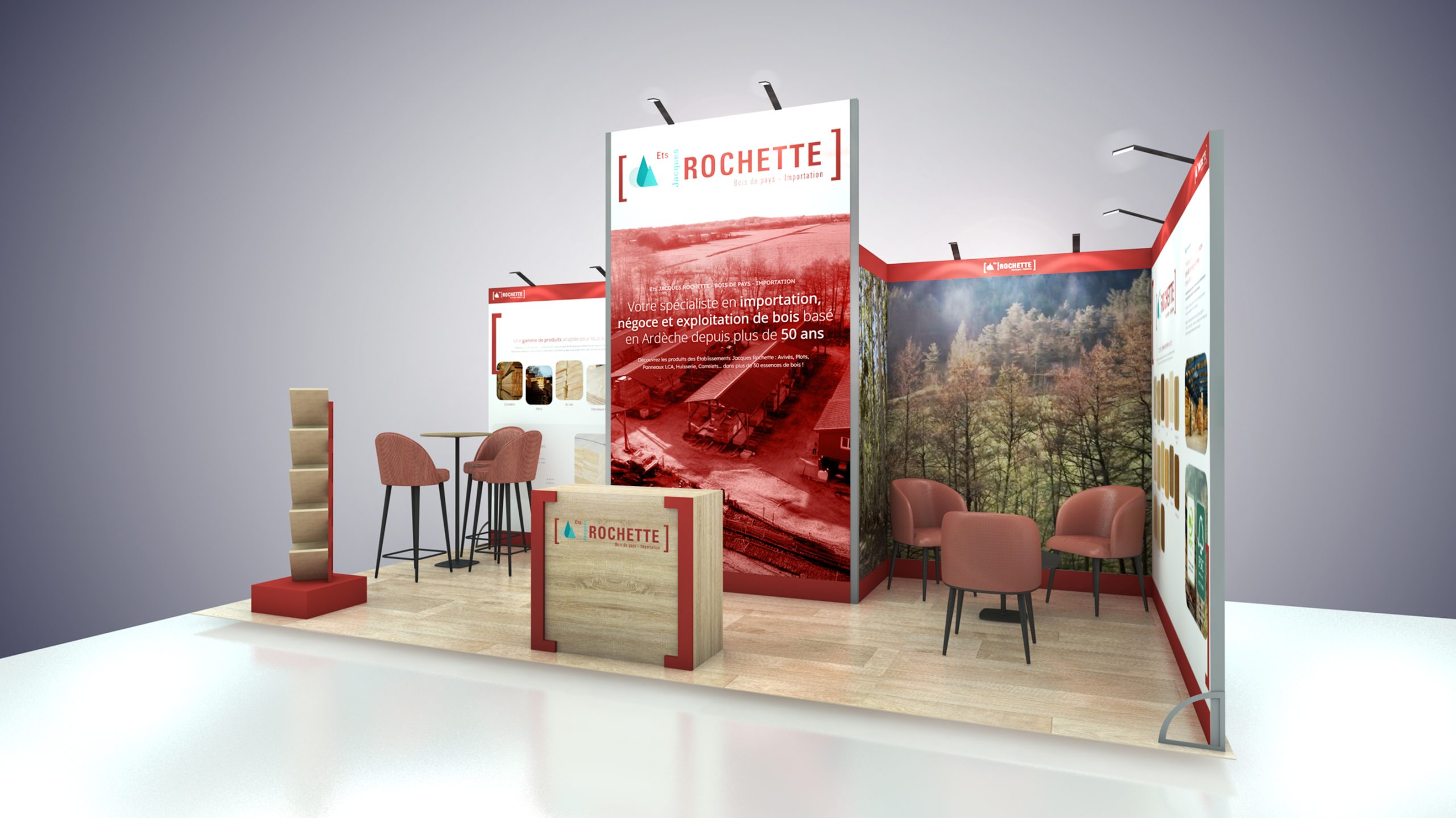 vue 3D du stand vision jacques rochette pour le salon carrefour du bois cib à nantes parc des expositions -vue sur le côté - conception par audace standiste à nantes