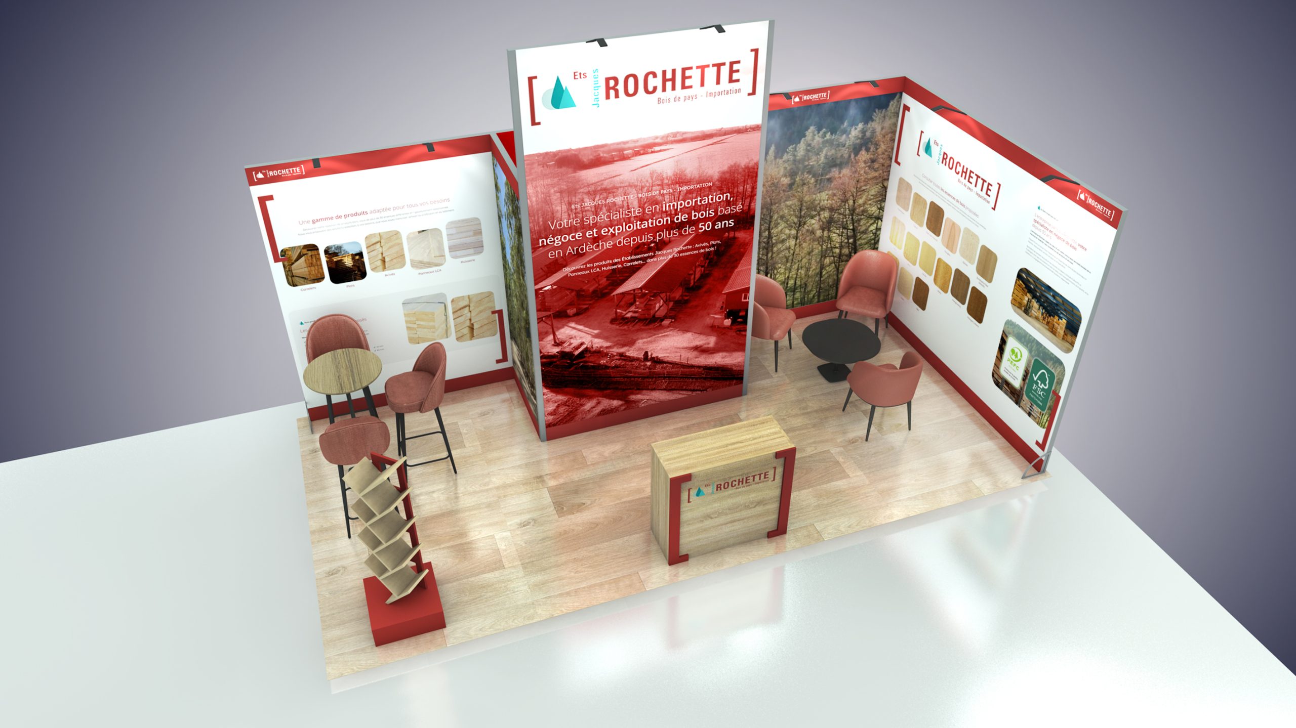 vue 3D du stand vision jacques rochette pour le salon carrefour du bois cib à nantes parc des expositions - vue du dessus - conception par audace standiste à nantes