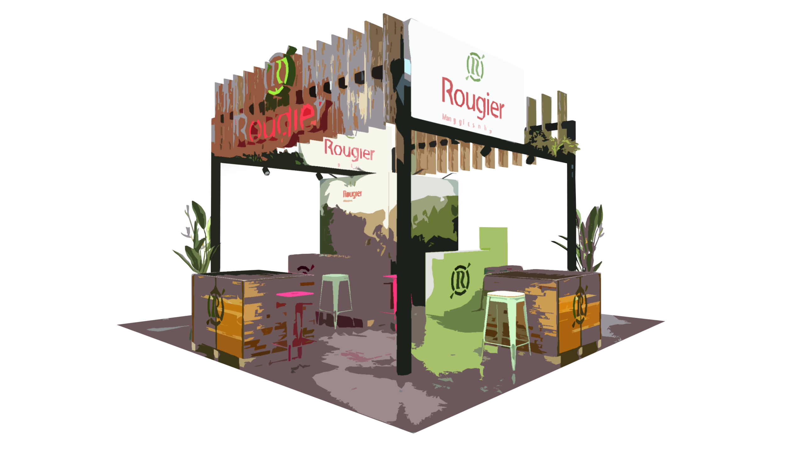 dessin du stand vision rougier pour le salon carrefour du bois cib à nantes parc des expositions - vue du stand entier - conception par audace standiste à nantes