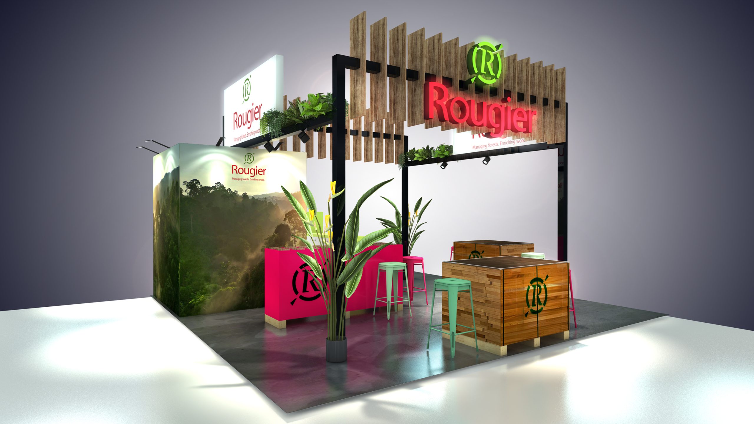 vue 3D du stand vision rougier pour le salon carrefour du bois cib à nantes parc des expositions -vue sur le côté - conception par audace standiste à nantes