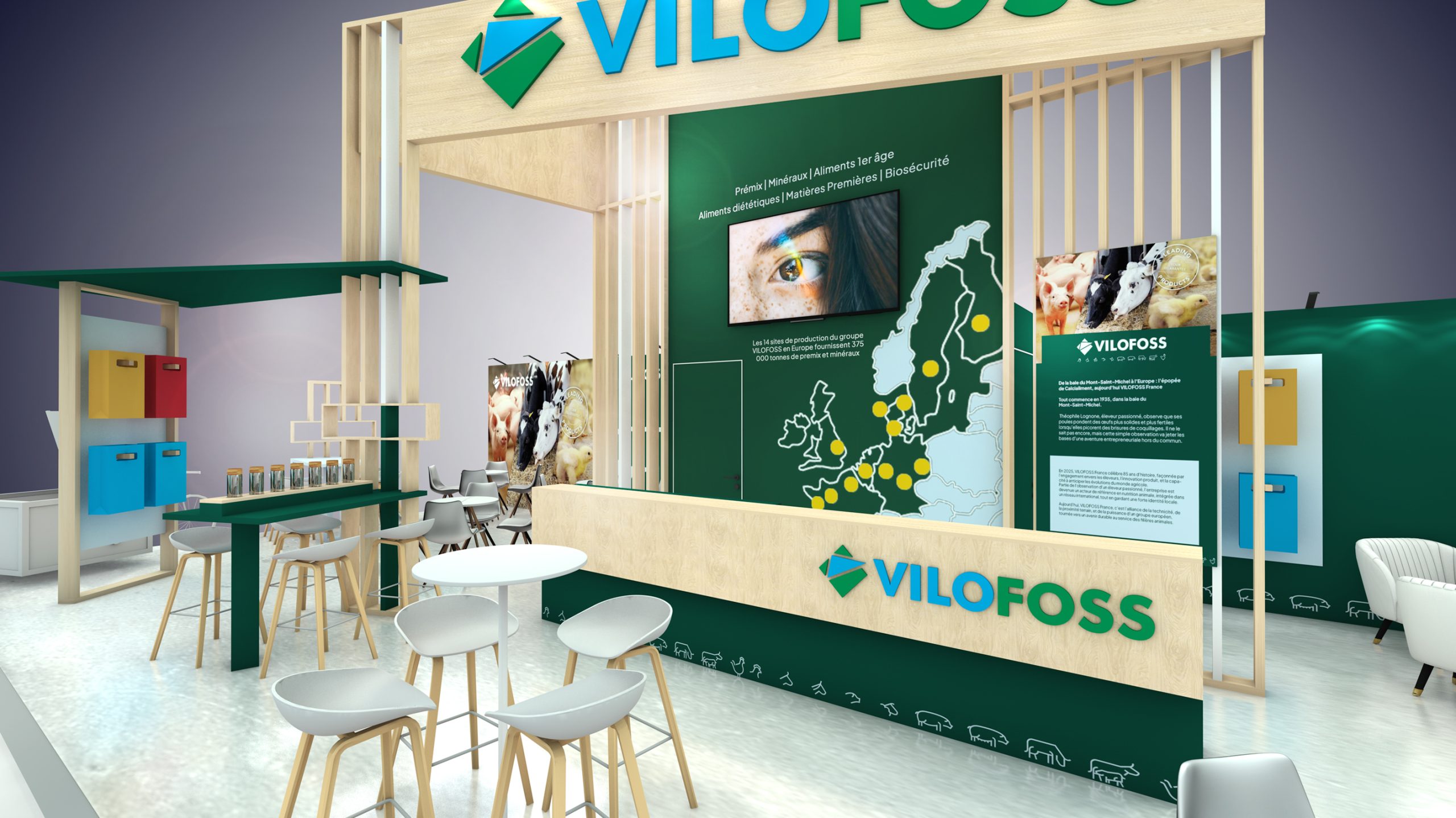 vue 3D zoom sur le bar stand vilofoss - space - rennes - réalisation audace standiste à nantes et rennes